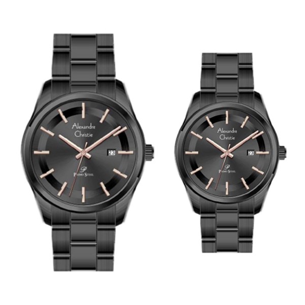 Alexandre Christie AC 1027 Full Black Rosegold Steel Couple